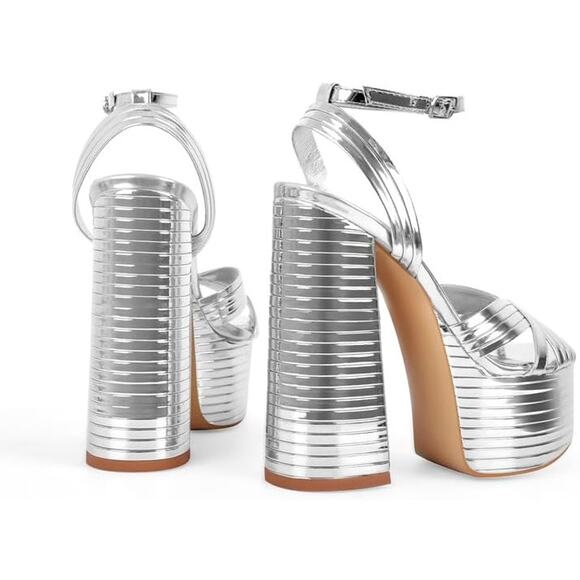 Onlymaker Womens Size 8 Shiny Silver 6" Platform Heels Open Ankle Strap Shoes - Picture 2 of 7